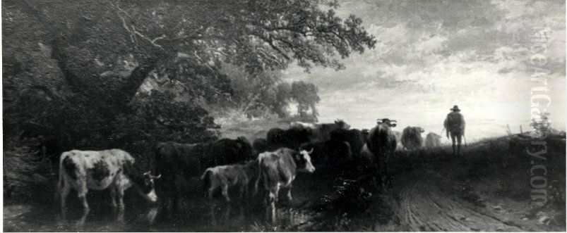 Rinderherde und Hirt in der Abendsonne Oil Painting by Friedrich Voltz