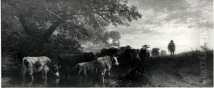 Rinderherde und Hirt in der Abendsonne