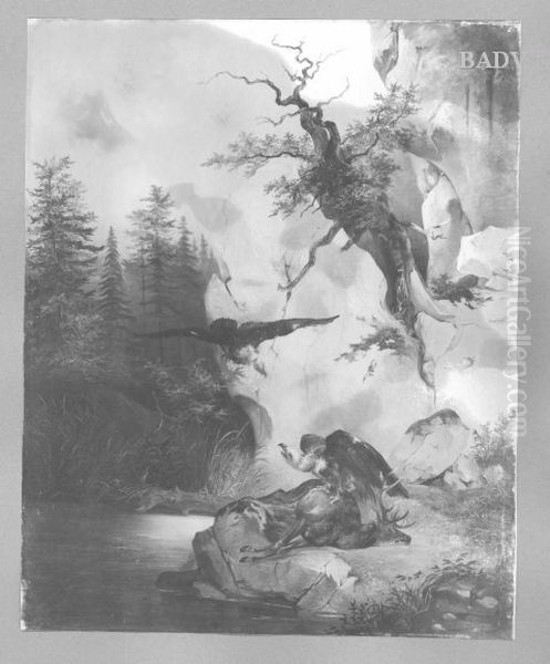 a dead stag with two eagles Oil Painting by Friedrich Gauermann