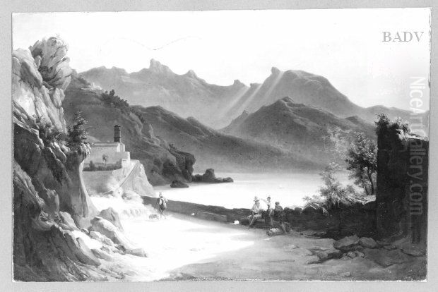 Landschaft an einem italienischen Gebirgssee mit Kastell Oil Painting by Jean-Victor Bertin
