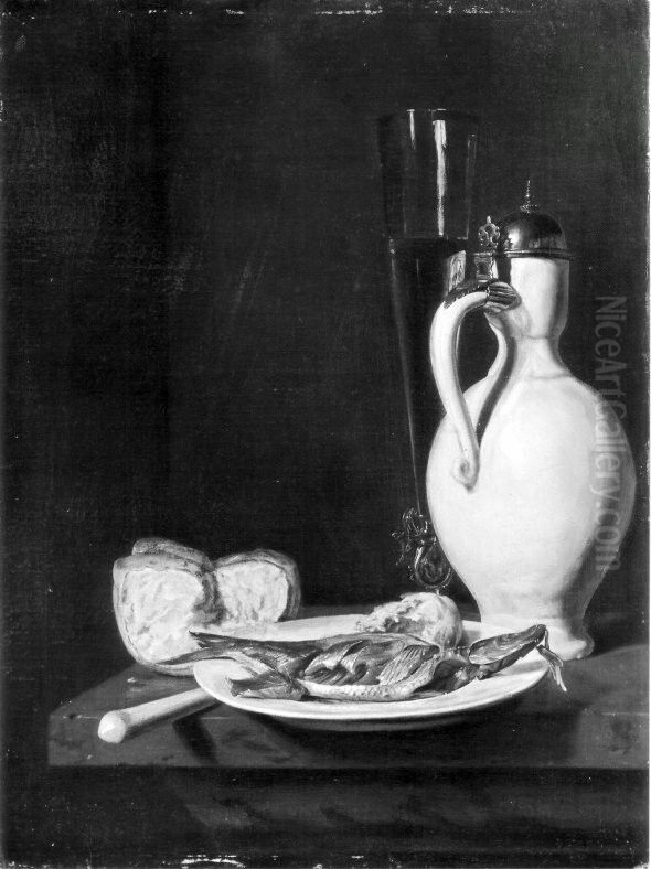 Stillleben mit Hering, Weinkrug und Pokal Oil Painting by Gabriel Metsu