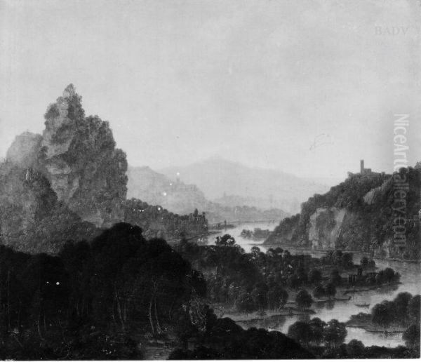 Bergige Flusslandschaft, rechts eine Burg Oil Painting by Jan Griffier I