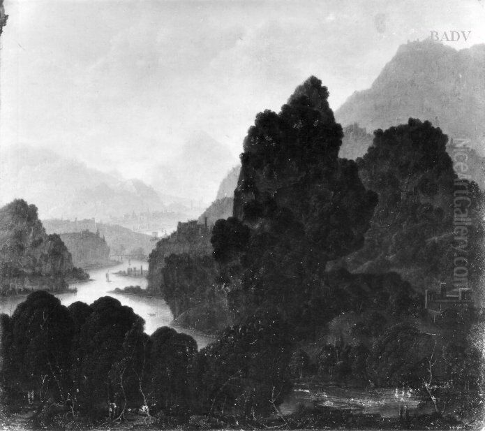 Gebirgslandschaft mit Fluss, Rheintal ? Oil Painting by Jan Griffier I