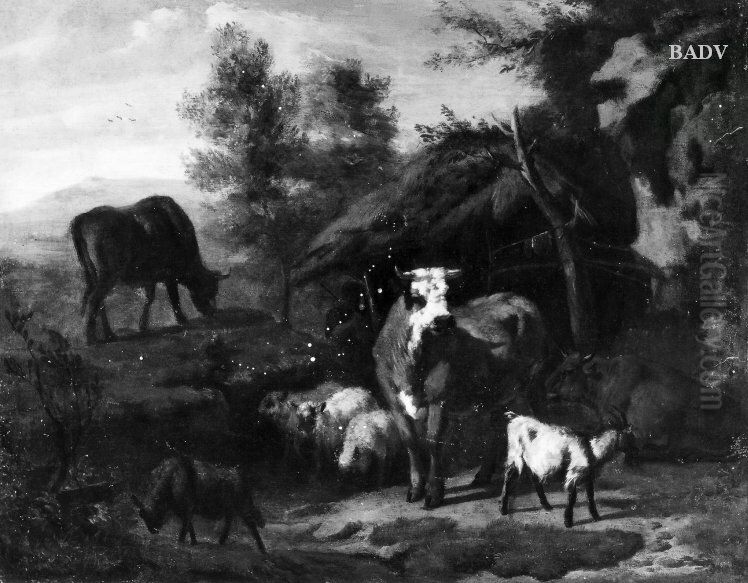 Vieh und Hirt vor einer offenen Hutte Oil Painting by Adriaen Van De Velde