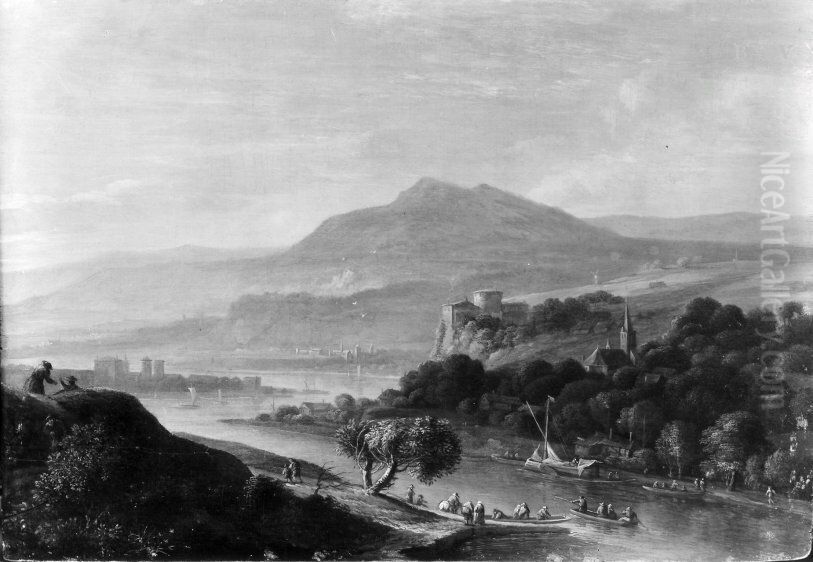 Flusslandschaft mit Bergen im Hintergrund Oil Painting by Herman Saftleven