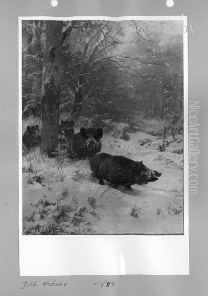 Wildschweine im verschneiten Wald Oil Painting by Christian Kroner