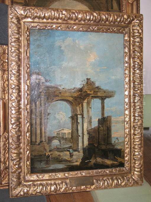 Ruine eines Triumphbogens am Meer, mit Tempelfront im Hintergrund Oil Painting by Francesco Guardi