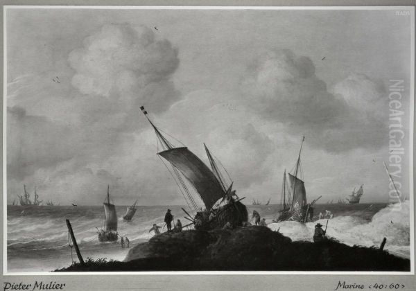 Strand und Schiffe auf bewegter See Oil Painting by Pieter Mulier