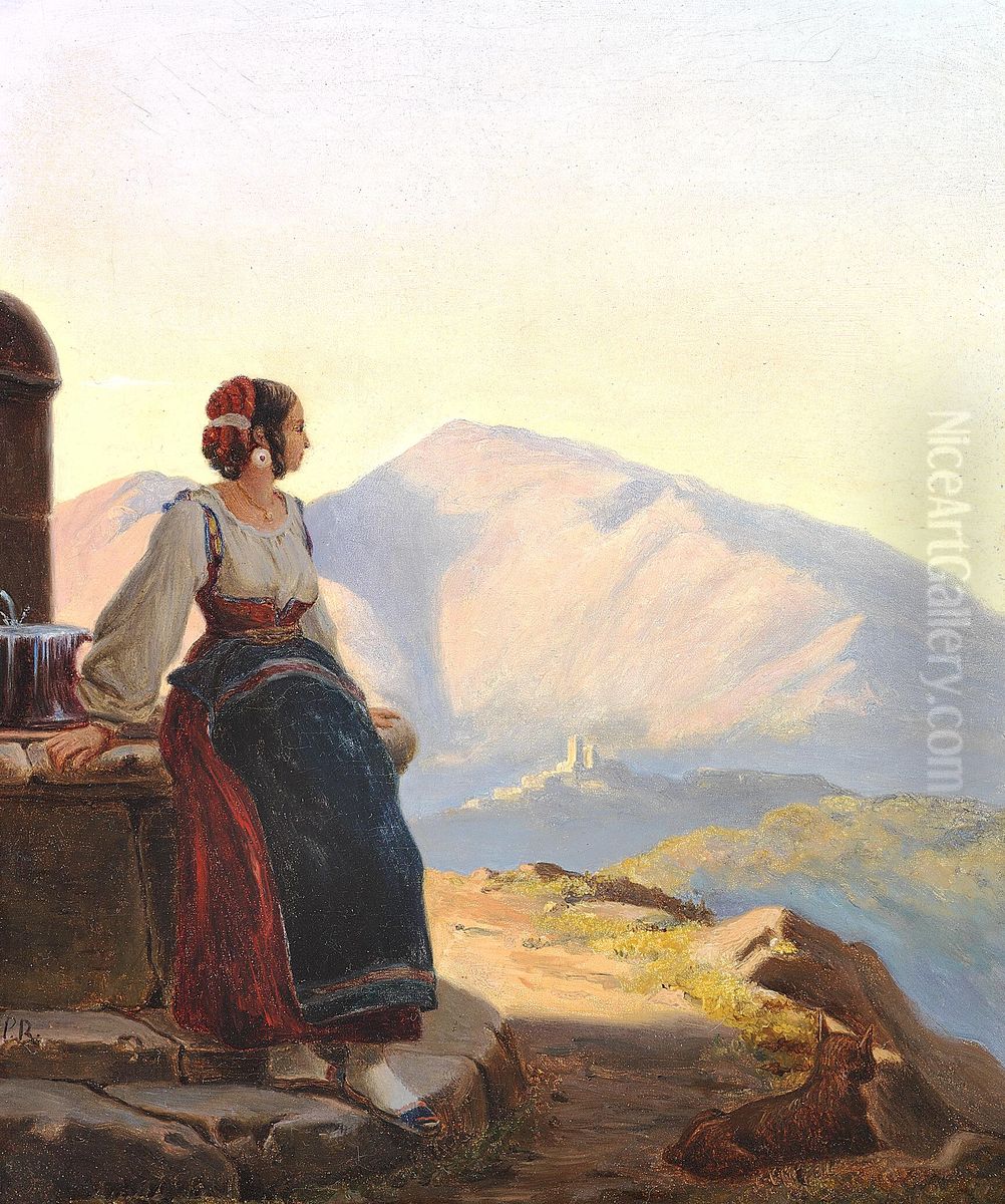 An Italian woman enjoying the landscape. Oil Painting by Johan Peter Raadsig