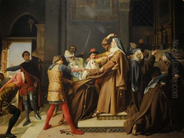 Piccarda Donati fatta rapire dal convento di Santa Chiara dal fratello Corso Oil Painting by Raffaello Sorbi
