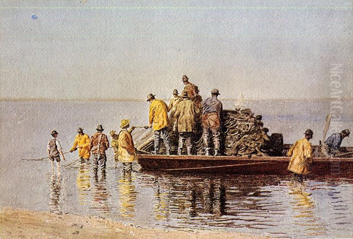 Taking Up Net Oil Painting by Thomas Cowperthwait Eakins
