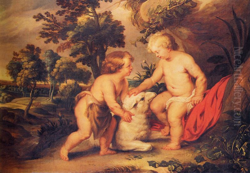 Dzieciatko Jezus i swiety Jan Chrzciciel. Oil Painting by (studio of) Rubens, Peter Paul
