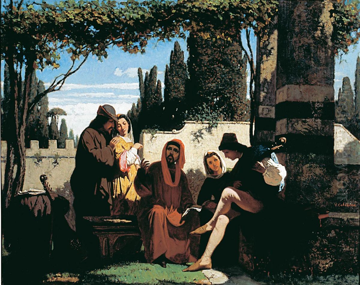 Tuscan storytellers during the 14th century Oil Painting by Vincenzo Cabianca