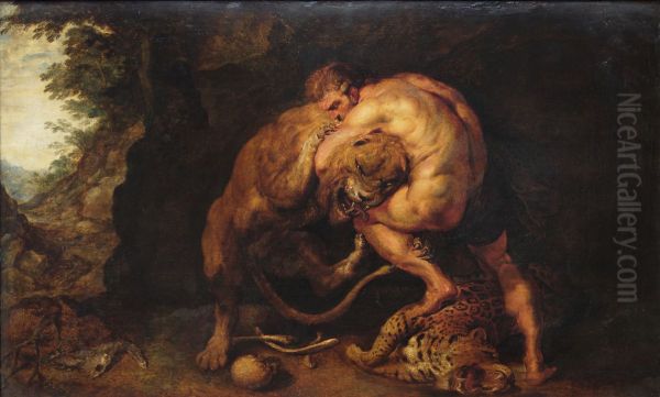 Lupta Lui Hercule cu leul din Nemeea. Oil Painting by Peter Paul Rubens