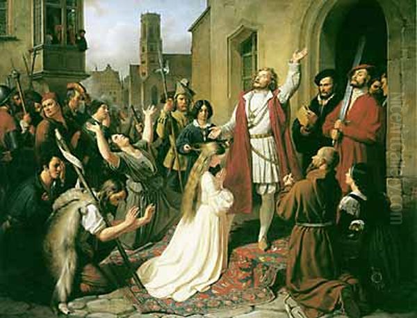 Jan van Leiden tauft ein Madchen Oil Painting by Johann Karl Bahr