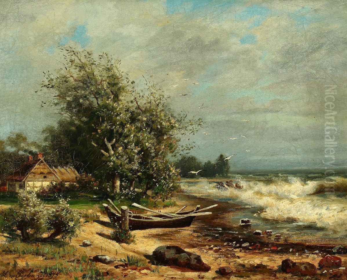 Beach Scene with Rowing Boat Oil Painting by Lina von Perbandt