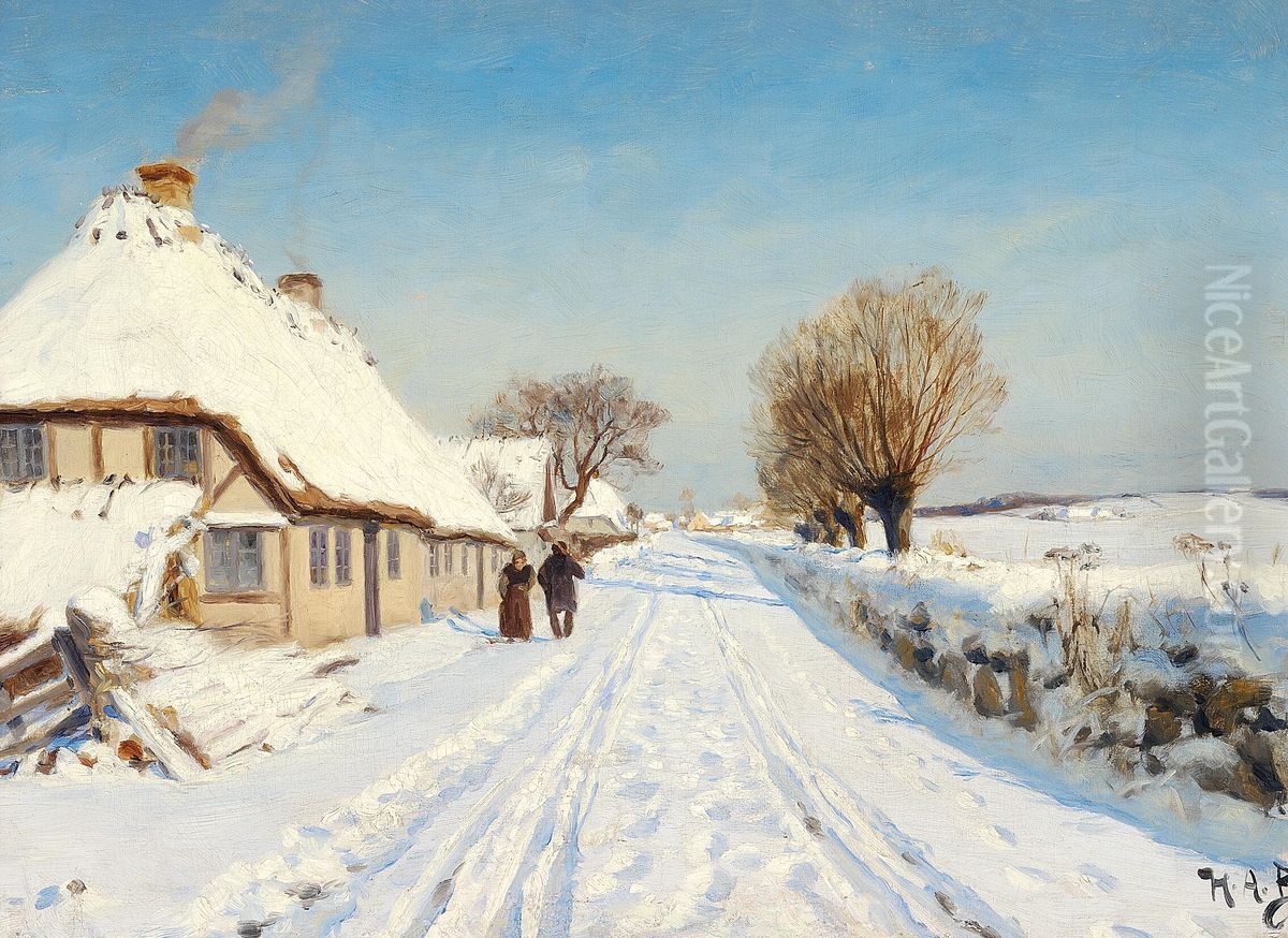 Sunlit road at the edge of a village, winter. Oil Painting by H. A. Brendekilde