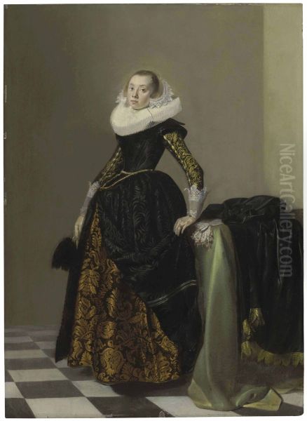 Portrait of a richly dressed young lady, full-length, before a draped table Oil Painting by Pieter Codde