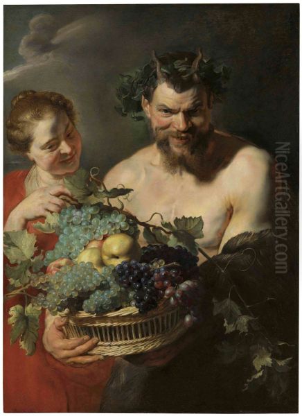 A satyr holding a basket of grapes and quinces with a nymph Oil Painting by (studio of) Rubens, Peter Paul