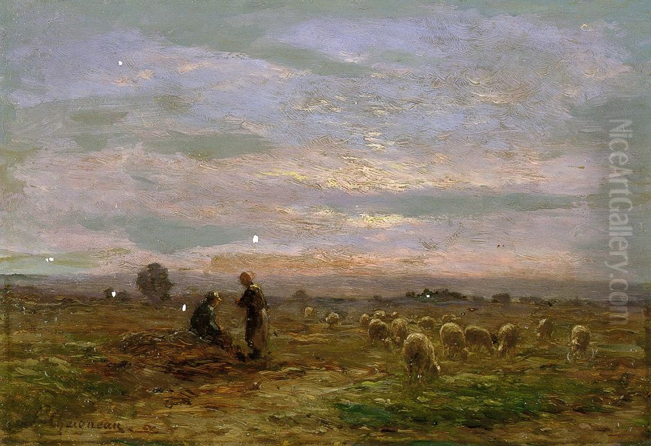 Moutons paissant dans la lumiere du soir Oil Painting by Ferdinand Chaigneau