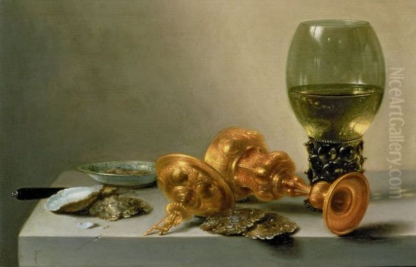 Stilleven met roemer, sierbeker, oesters en bordje, op een tafel zonder kleed Oil Painting by Pieter Claesz