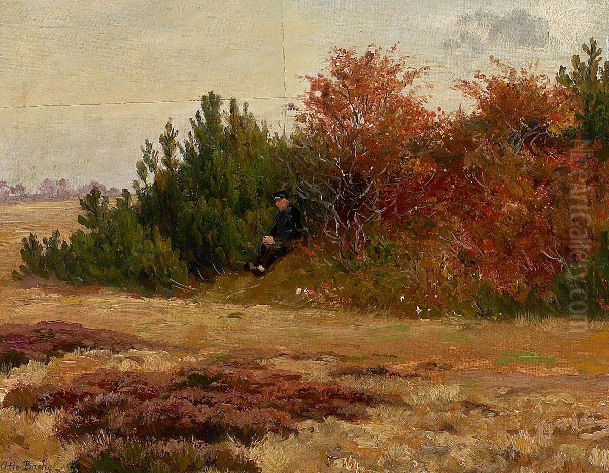 Landscape with a man at the roadside. Oil Painting by Otto Bache