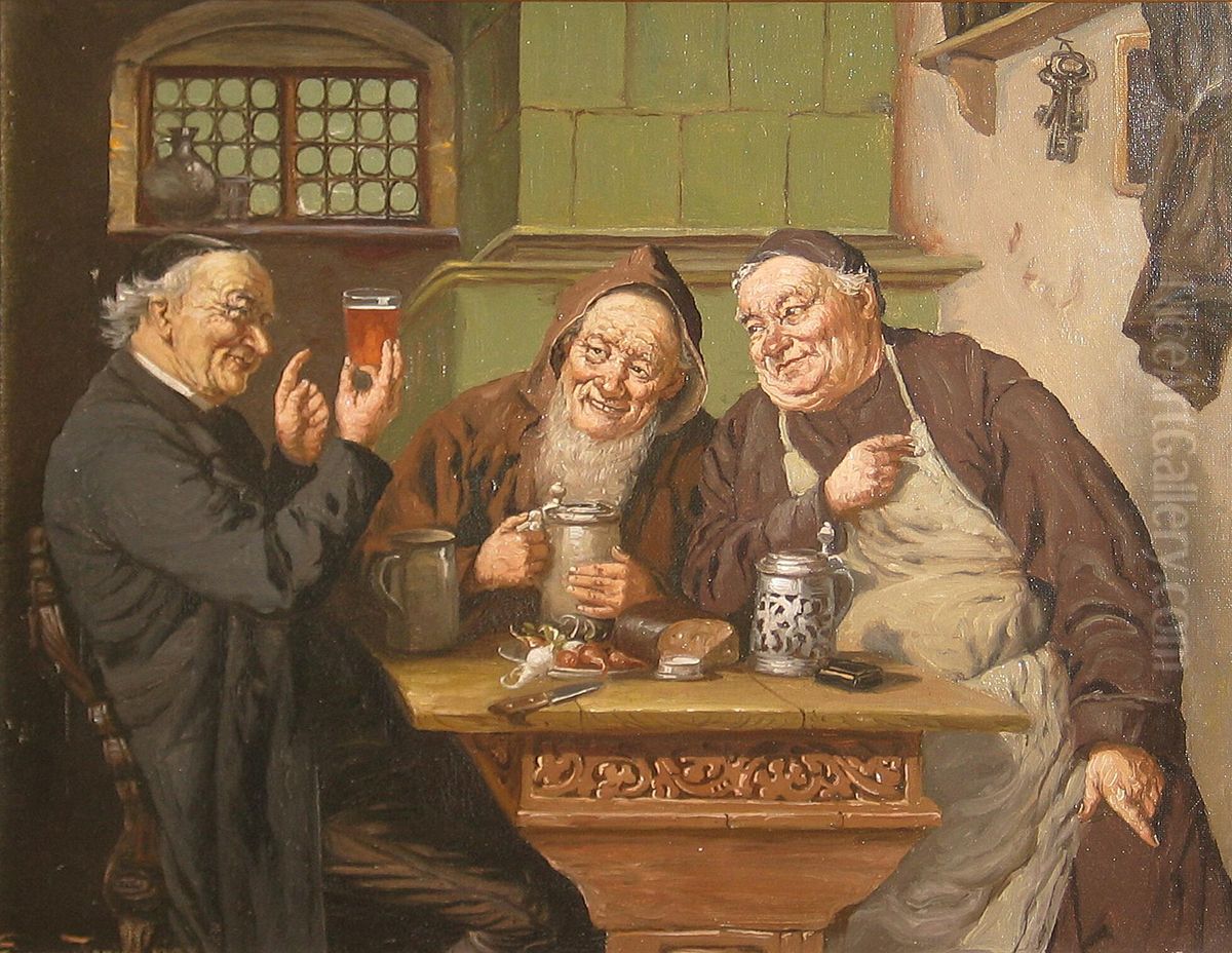 Three men in an inn. Oil Painting by Simony Jensen