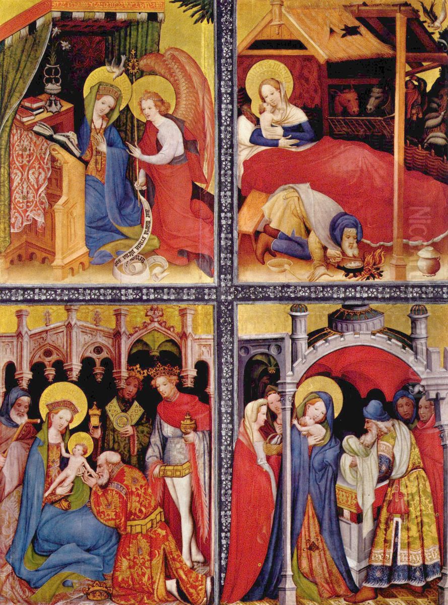 Passionsaltar (Wildungen-Altar), linker Flugel: Maria Verkundigung, Christis Geburt, Anbetung der Drei Heiligen Konige, Prasentation Christi im Tempel Oil Painting by Conrad von Soest