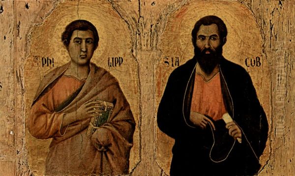 Maesta, Altarretabel des Sieneser Doms, Vorderseite, Haupttafel mit Maesta, Szene: Thronende Maria mit Kind, Engeln, Heiligen und Apostelfiguren in Arkaden, Detail: Apostel Hl. Philippus und Hl. Jakobus d. A. Oil Painting by Duccio Di Buoninsegna