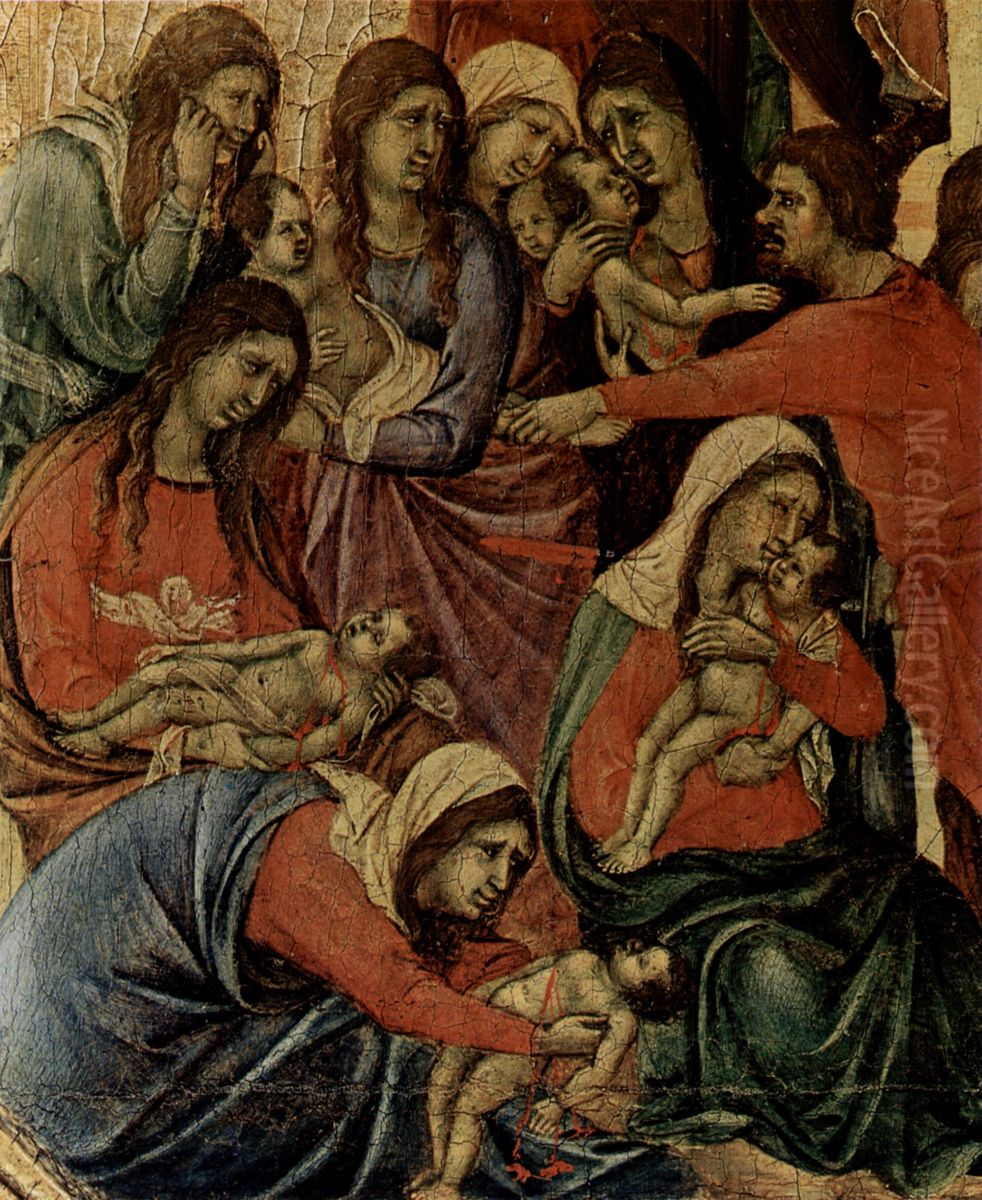 Maesta, Altarretabel des Sieneser Doms, Vorderseite, Predella mit Szenen aus der Kindheit Jesu und Propheten, Szene: Bethlehemitischer Kindermord, Detail Oil Painting by Duccio Di Buoninsegna