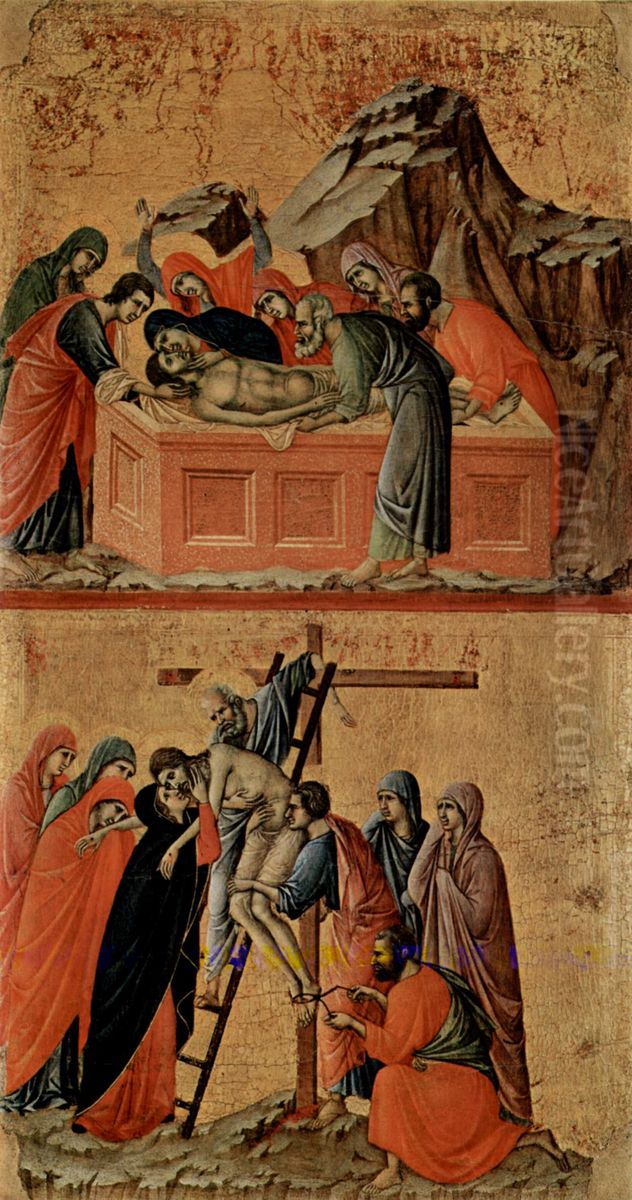 Maesta, Altarretabel des Sieneser Doms, Ruckseite, Hauptregister mit Szenen zu Christi Passion, Szenen: Grablegung und Kreuzabnahme Oil Painting by Duccio Di Buoninsegna