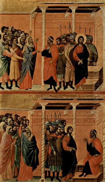 Maesta, Altarretabel des Sieneser Doms, Ruckseite, Hauptregister mit Szenen zu Christi Passion, Szenen: Beschuldigung Christi durch die Pharisaer und Verhor Christi durch Pilatus Oil Painting by Duccio Di Buoninsegna