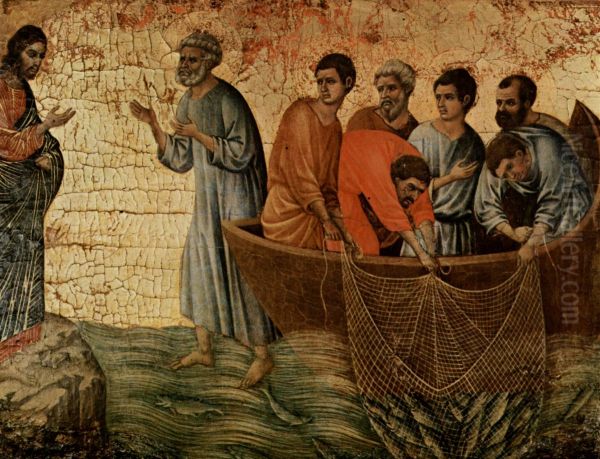 Maesta, Altarretabel des Sieneser Doms, Ruckseite, Altarbekronung mit Pfingstzyklus, Szene: Erscheinung Christi am Tiberiasee (Genazareth) Oil Painting by Duccio Di Buoninsegna