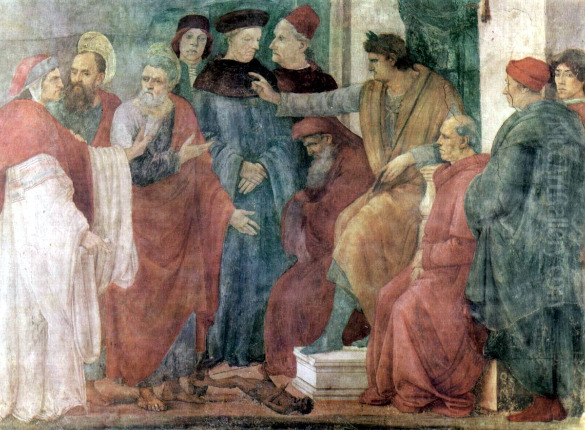 Freskenzyklus der Brancacci-Kapelle in Santa Maria del Carmine in Florenz, Szene: Hl.Petrusund Hl Paulus im Disput mit dem Magier Simon vor Nero Oil Painting by Filippino Lippi