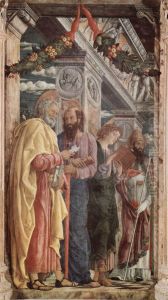 Altarretabel von San Zeno in Verona, Triptychon,linke Tafel: Hl. Petrus, Hl. Paulus, Hl. Johannes der Evangelist, Hl. Zeno