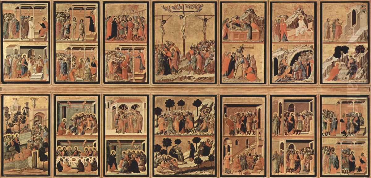 Maesta, Altarretabel des Sieneser Doms, Ruckseite, Hauptregister mit Szenen zu Christi Passion, Gesamtansicht Oil Painting by Duccio Di Buoninsegna