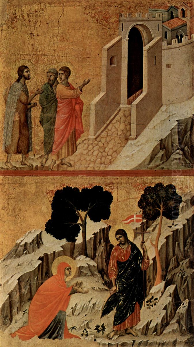 Maesta, Altarretabel des Sieneser Doms, Ruckseite, Hauptregister mit Szenen zu Christi Passion, Szenen: Christus erscheint zwei pilgernden Apostel in Emmaus und Noli me tangere (Christus und Maria Magdalena) Oil Painting by Duccio Di Buoninsegna
