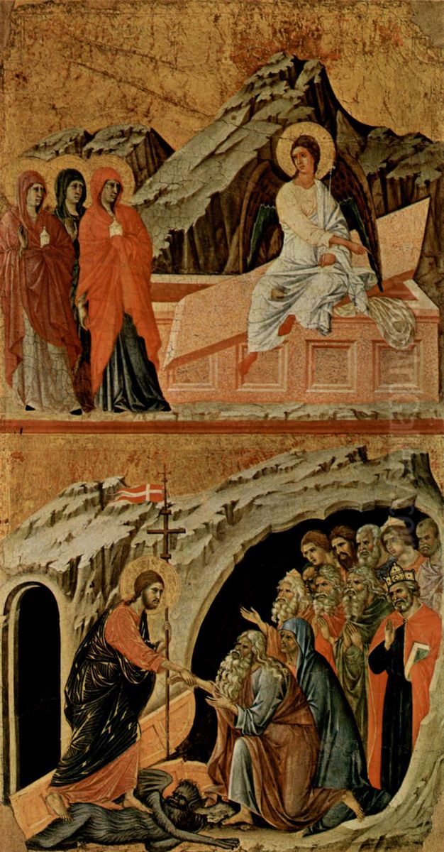 Maesta, Altarretabel des Sieneser Doms, Ruckseite, Hauptregister mit Szenen zu Christi Passion, Szenen: Drei Marien am Grabe und Christi Hollenfahrt Oil Painting by Duccio Di Buoninsegna