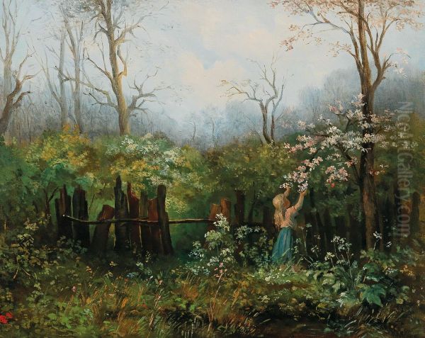 A girl in the garden Oil Painting by Olga Wisinger-Florian