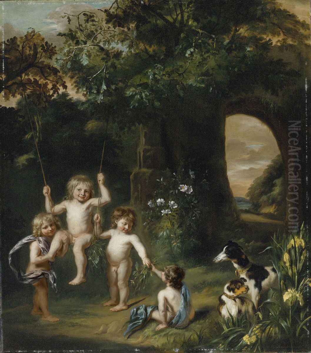 Children playing with a swing in a classical garden setting Oil Painting by Justus De Gelder