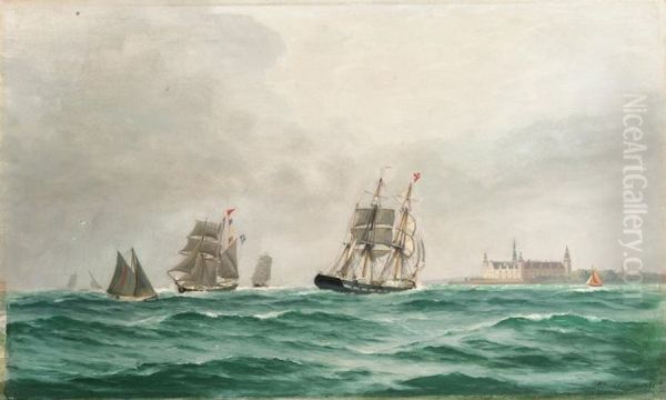 Danish ships sailing near Kronborg Castle. Oil Painting by Alfred Olsen