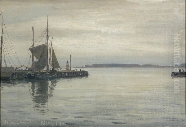 The harbour at Rorvig. Oil Painting by Benjamin Olsen