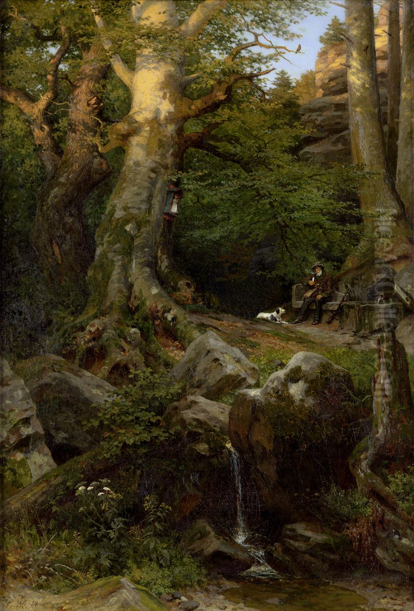 Partie im Elbsandsteingebirge (Abendruhe im Walde) Oil Painting by Carl Muller