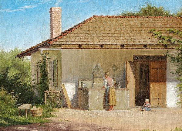 Italian scene with a woman and a child playing. Oil Painting by Emilie Mundt