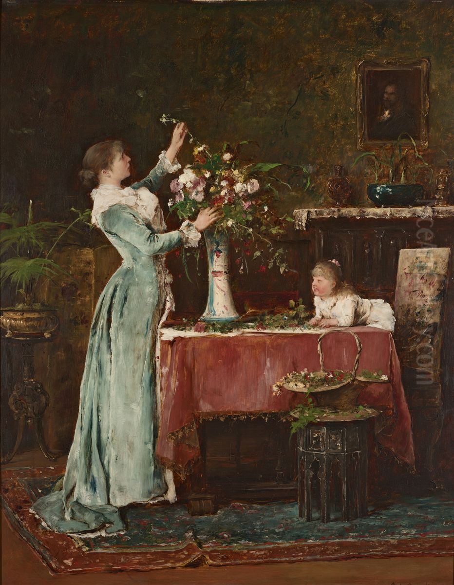 Flowers in a Vase / Drawing up of bouquets Oil Painting by Mihaly Munkacsy
