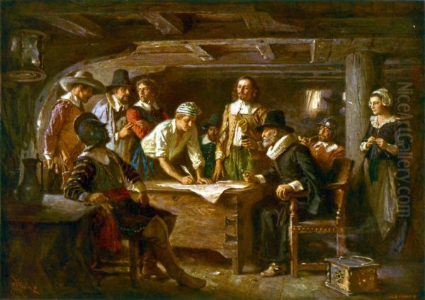 The Mayflower Compact, 1620 Oil Painting by Jean-Leon Gerome Ferris