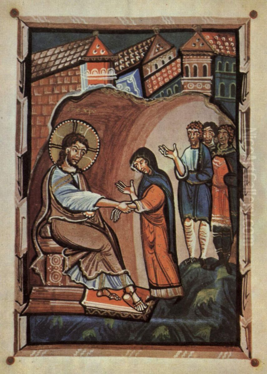 Jesus et la belle-mere de saint Pierre, Codex de Hitda Oil Painting by unknown Jesus et la belle-mere de saint Pierre, Codex de Hitda Oil Painting by unknown