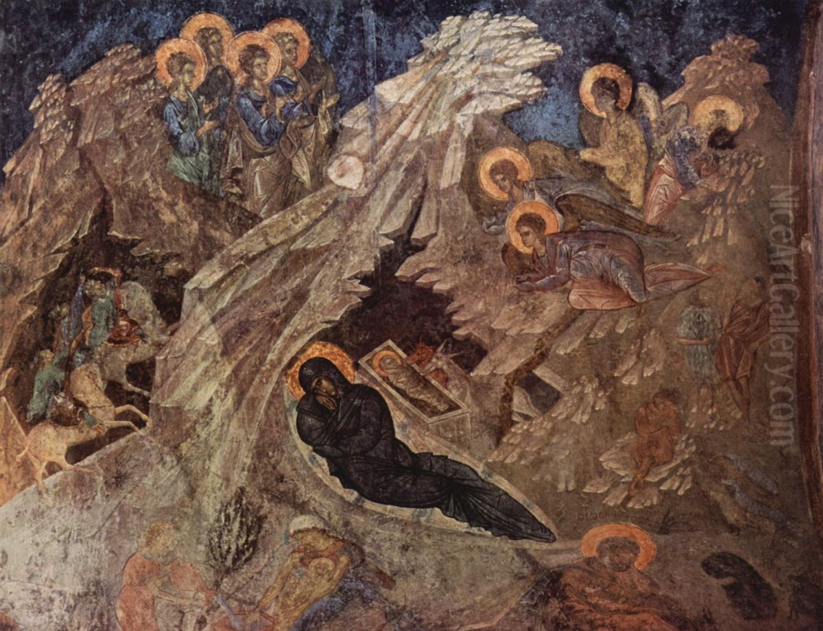 Fresken in der Peribleptos-Kirche in Mistra, Szene: Christi Geburt Oil Painting by unknown