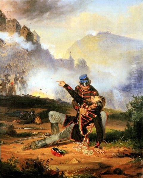 A sebesult honved (Buda ostroma-1849). Oil Painting by Karoly Sterio