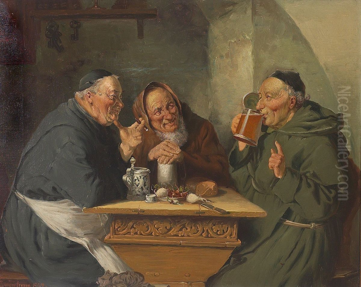 Cellar scene with happy monks. Oil Painting by Simony Jensen